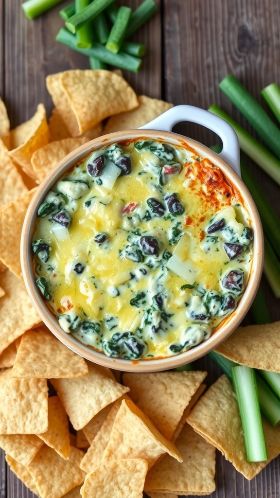 Creamy spinach and artichoke dip in a baking dish with tortilla chips and vegetable sticks on a wooden table.